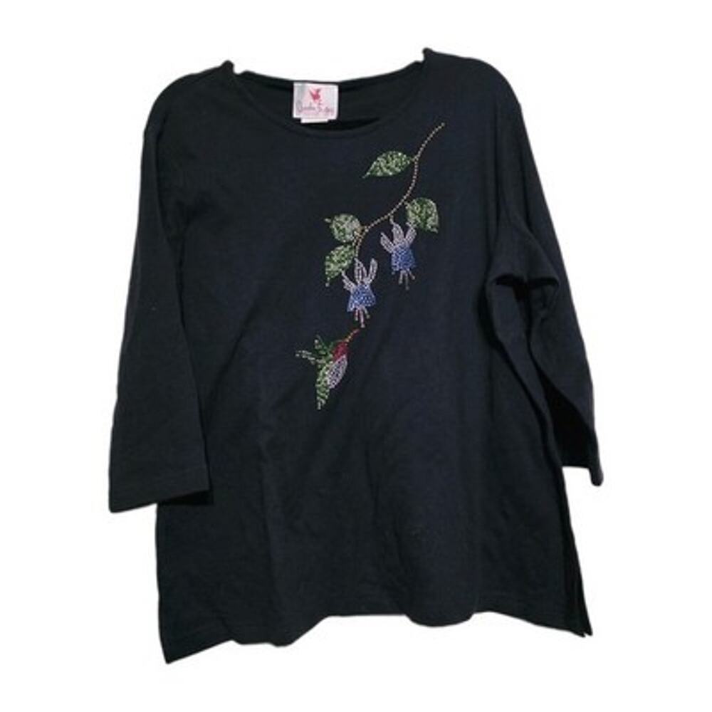Vintage Floral Hummingbird Rhinestone Tshirt Womens XL Grandmacore NEW